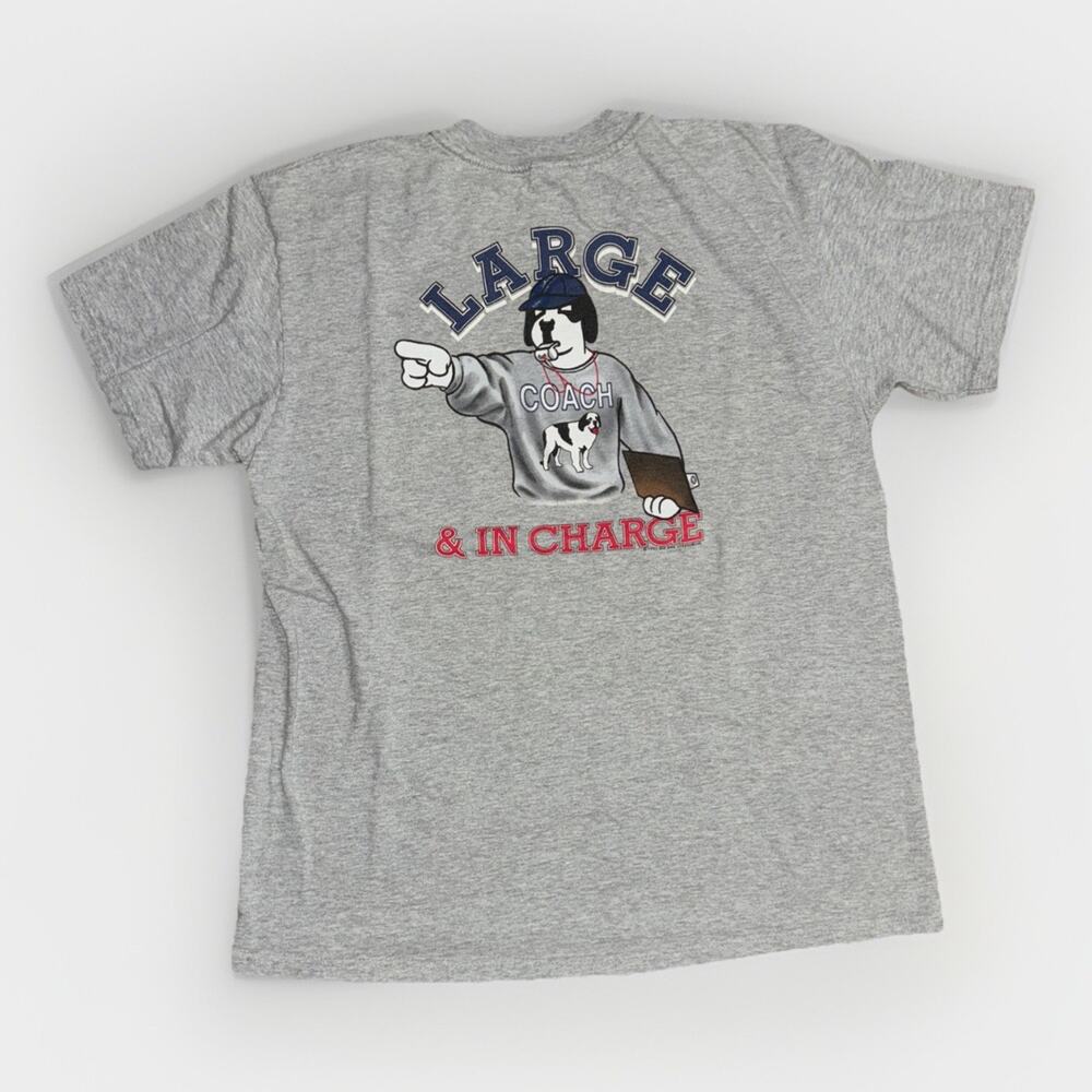 Vintage 1997 Big Dogs “Large & In Charge” Coach Graphic T-Shirt Gray Large 21x27